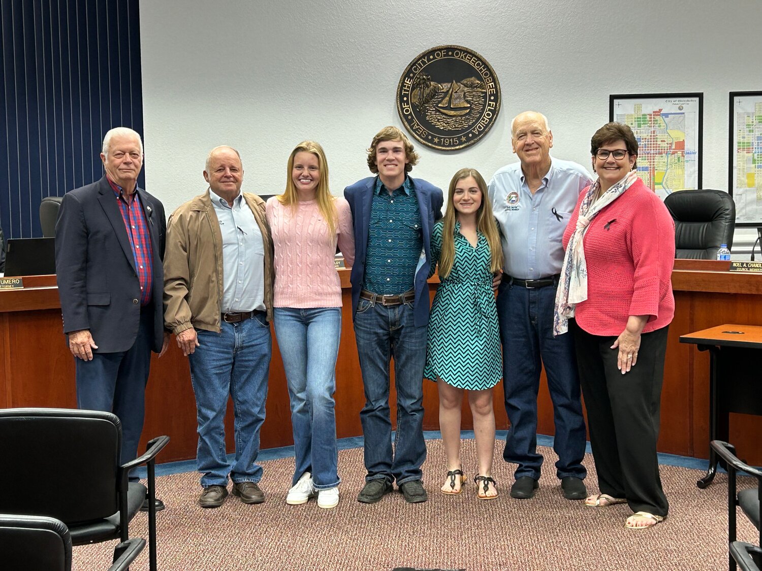 OKEECHOBEE — During its Feb. 6 meeting, the Okeechobee City Council recognized four teens who have been awarded scholarships by the South Florida Fair. Congratulations to Luke Larson, Lilly Maxwell, Paisley Norman and Tess D'Ariano. The teens, with the exception of Paisley, who was unable to make the meeting, are pictured with the city council members. Council Member David McAuley was unable to attend the meeting as he is on a trip to Alaska with his wife Sandra Pearce.